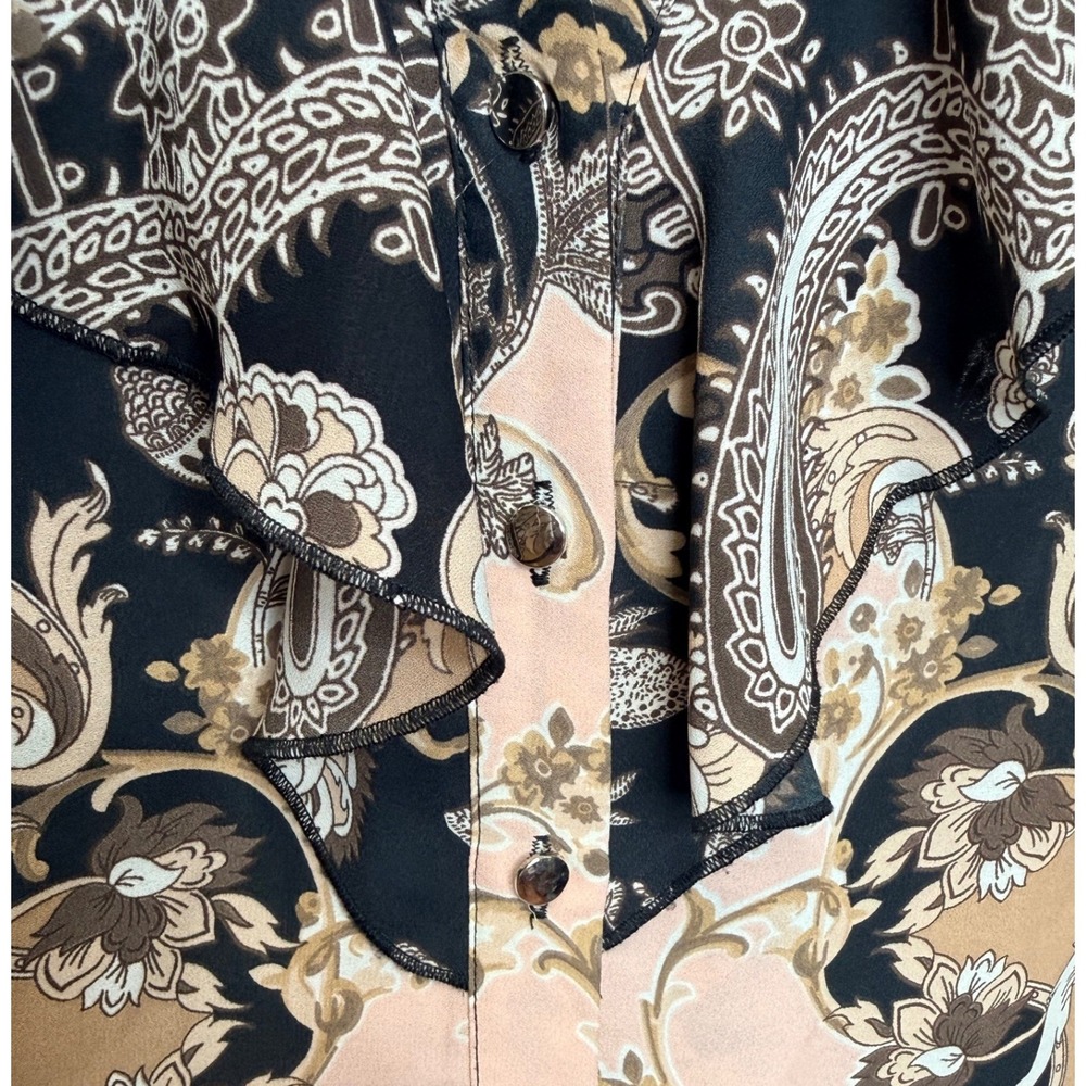 NY&Co‎ 7th Ave Paisley Ruffle Blouse Womens L Black Tan Long Sleeve Office Chic - Picture 6 of 9